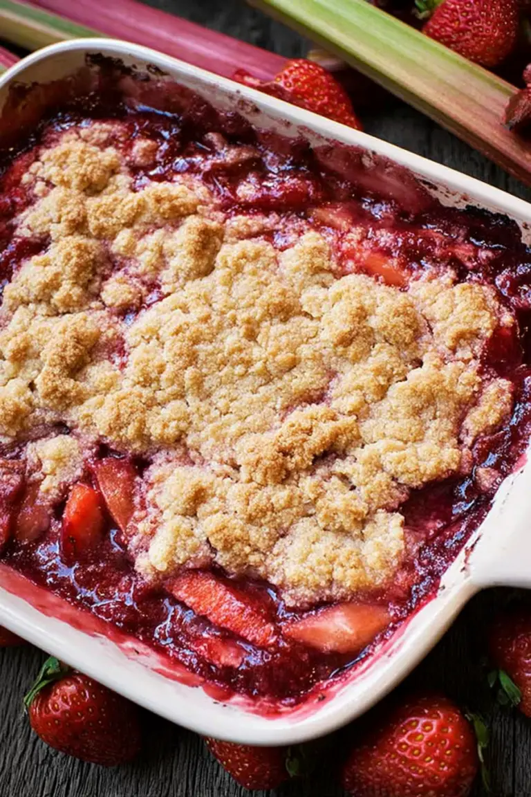 Delicious strawberry rhubarb cobbler topped with vanilla ice cream and garnished with fresh strawberries and mint.