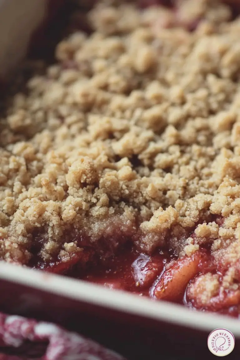 Freshly baked strawberry rhubarb crumble in a baking dish, topped with ice cream.