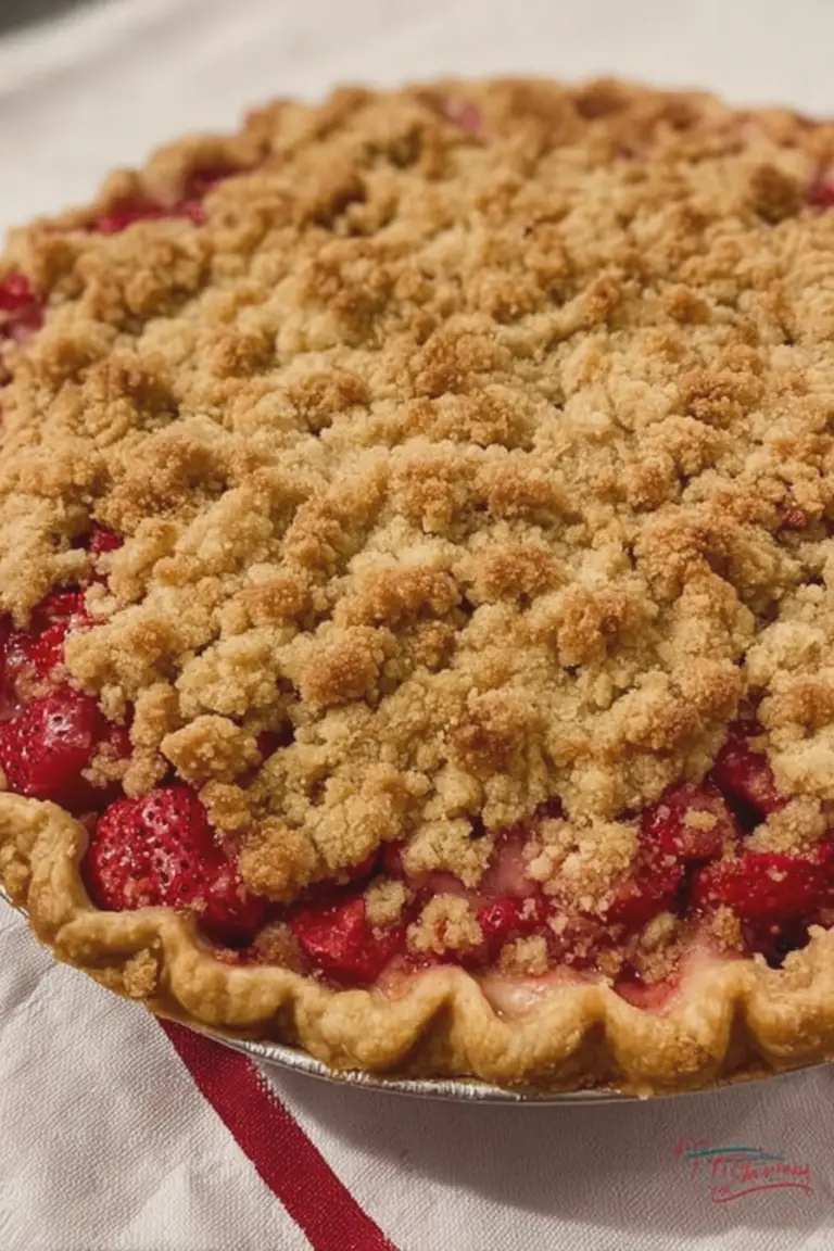 Slice of strawberry rhubarb pie with crumb topping on a vintage plate, surrounded by fresh strawberries and rhubarb.