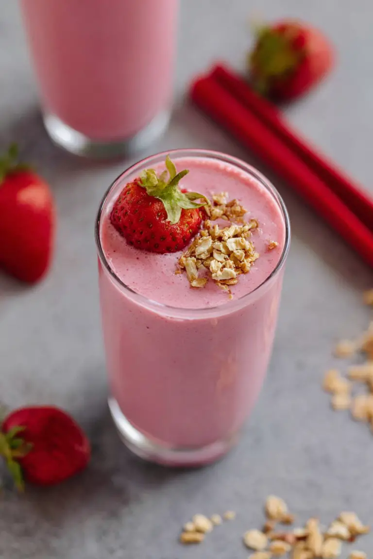 Strawberry rhubarb pie smoothie in a glass with granola, fresh strawberries, and rhubarb on a kitchen counter.