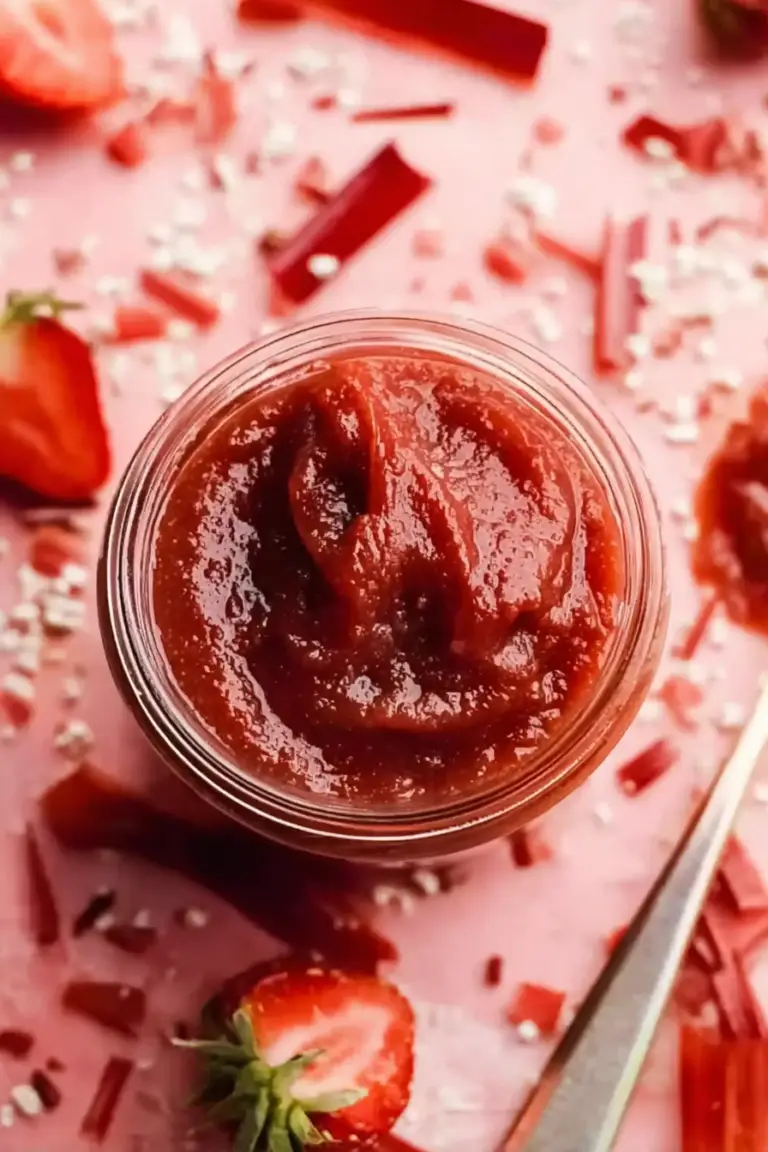 Delicious homemade strawberry rhubarb sauce in a bowl with fresh strawberries and rhubarb on a wooden table.