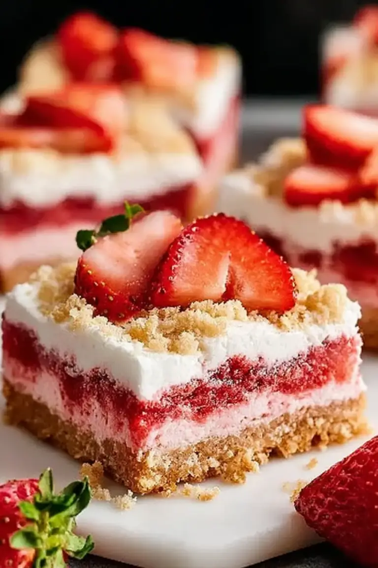 Delicious strawberry shortcake bars with fresh strawberries and white chocolate drizzle on a wooden table