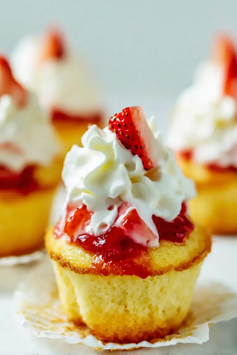 Delicious strawberry shortcake cupcakes with whipped cream and fresh strawberry topping on a pastel background.