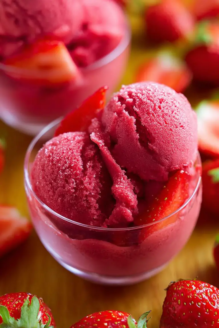 Bowl of strawberry sorbet garnished with fresh strawberries and mint leaves on a wooden table.