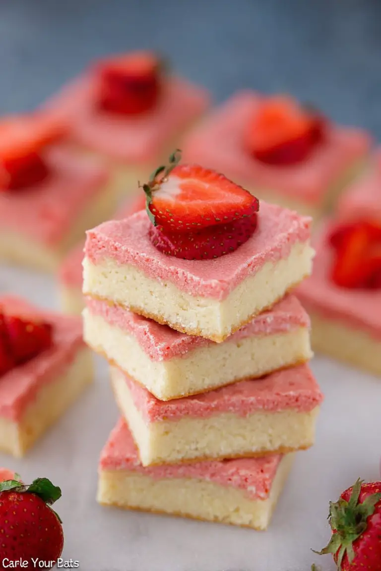 Strawberry sugar cookie bars with pink frosting, fresh strawberries, and colorful sprinkles on a wooden table.