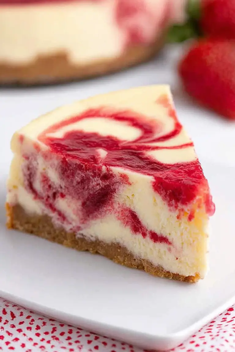 Slice of strawberry swirl cheesecake with fresh strawberries and mint garnish