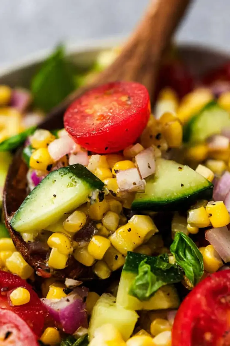 Bright and colorful summer fresh corn salad with diced tomatoes, avocado, cucumbers, and fresh herbs in a bowl on a picnic table.