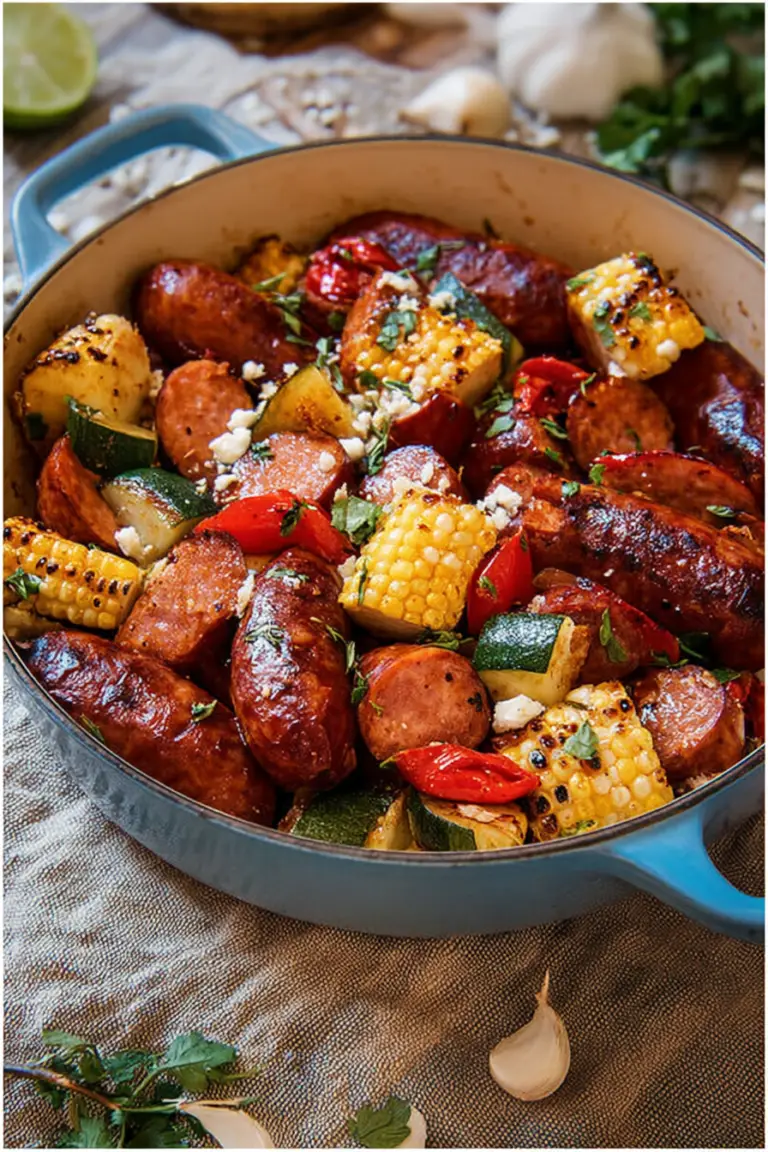 Delicious summer sausage skillet with andouille sausage and colorful vegetables, topped with fresh herbs.