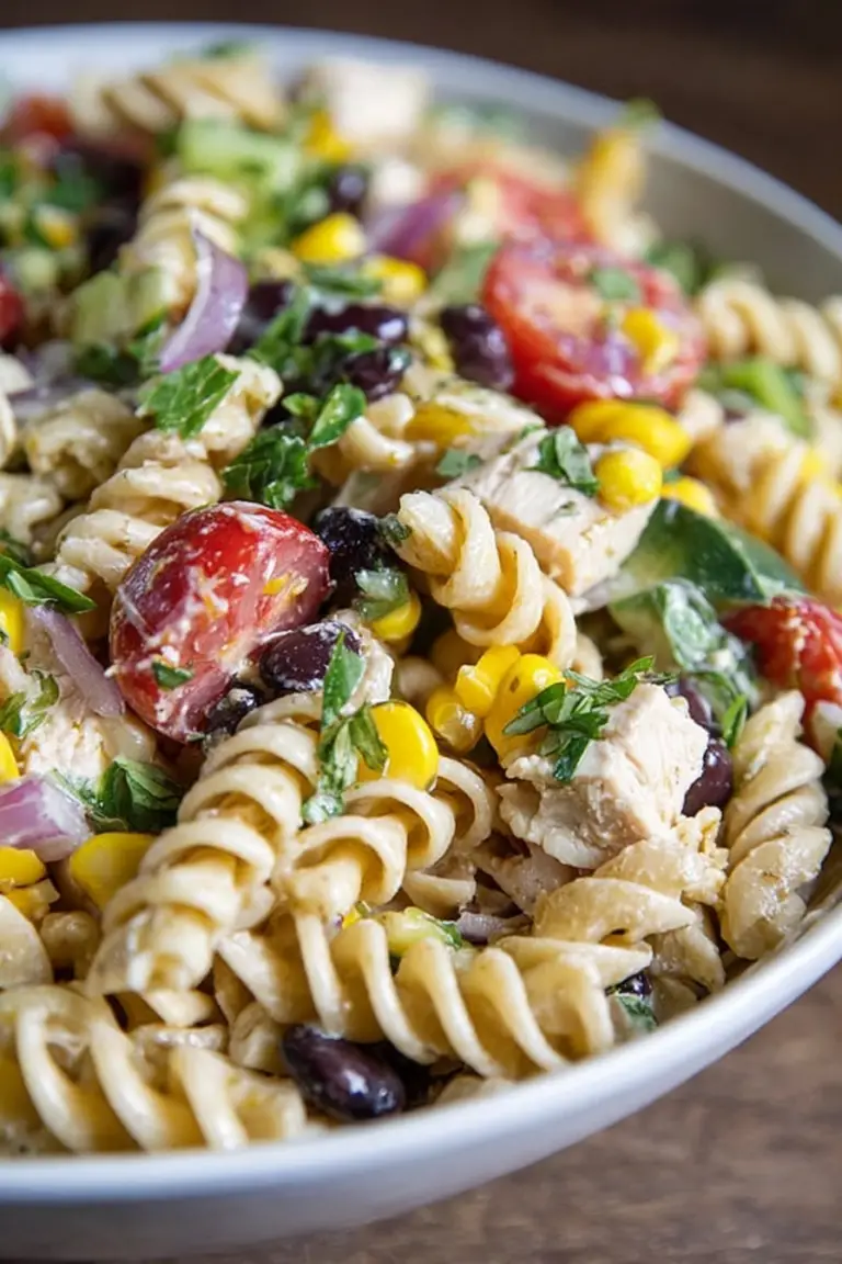 Summer Vegetable Pasta Salad with vibrant vegetables and bowtie pasta in a large bowl, garnished with fresh parsley.