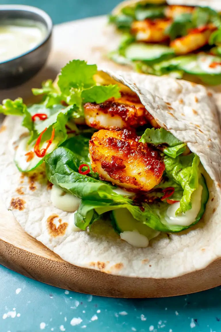 Sweet chilli halloumi wrap cut in half showcasing its vibrant filling