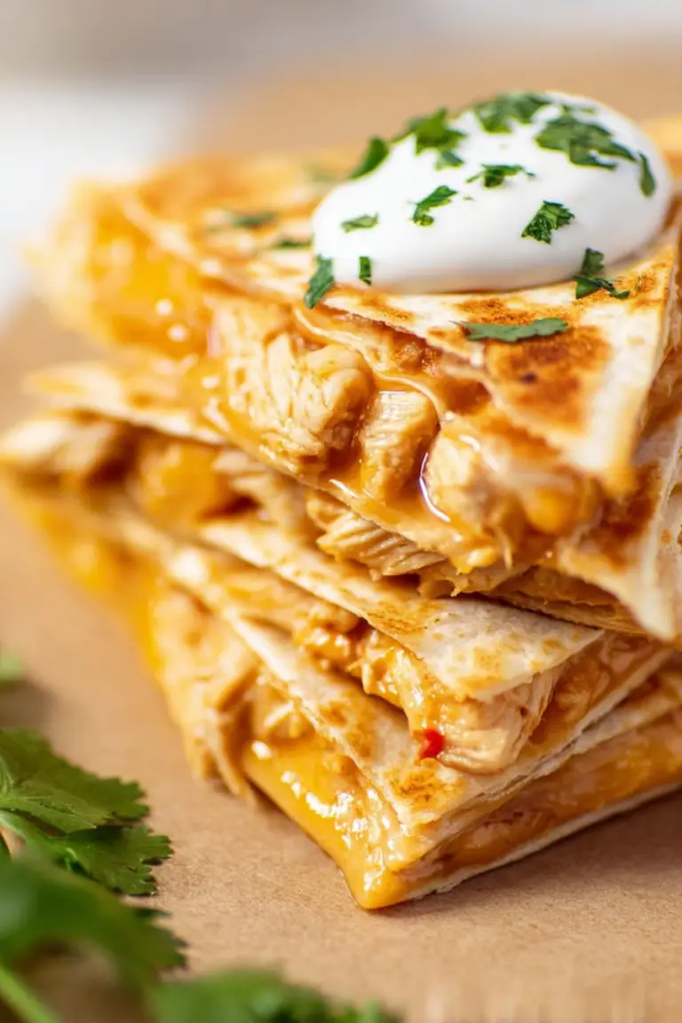 Taco Bell chicken quesadilla with jalapeño sauce and garnishes on a wooden table.