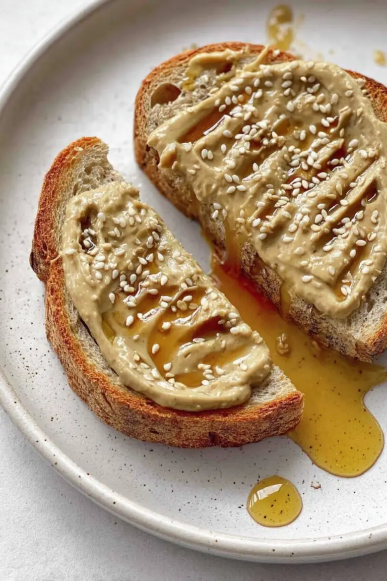 Delicious tahini and honey breakfast toast topped with sesame seeds and sea salt, served on a wooden table.