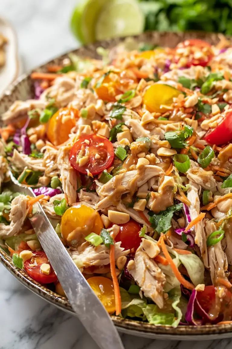 A bowl of Thai Chicken Salad with peanut dressing, featuring vibrant colors from red bell pepper, green cabbage, and garnished with crunchy peanuts.