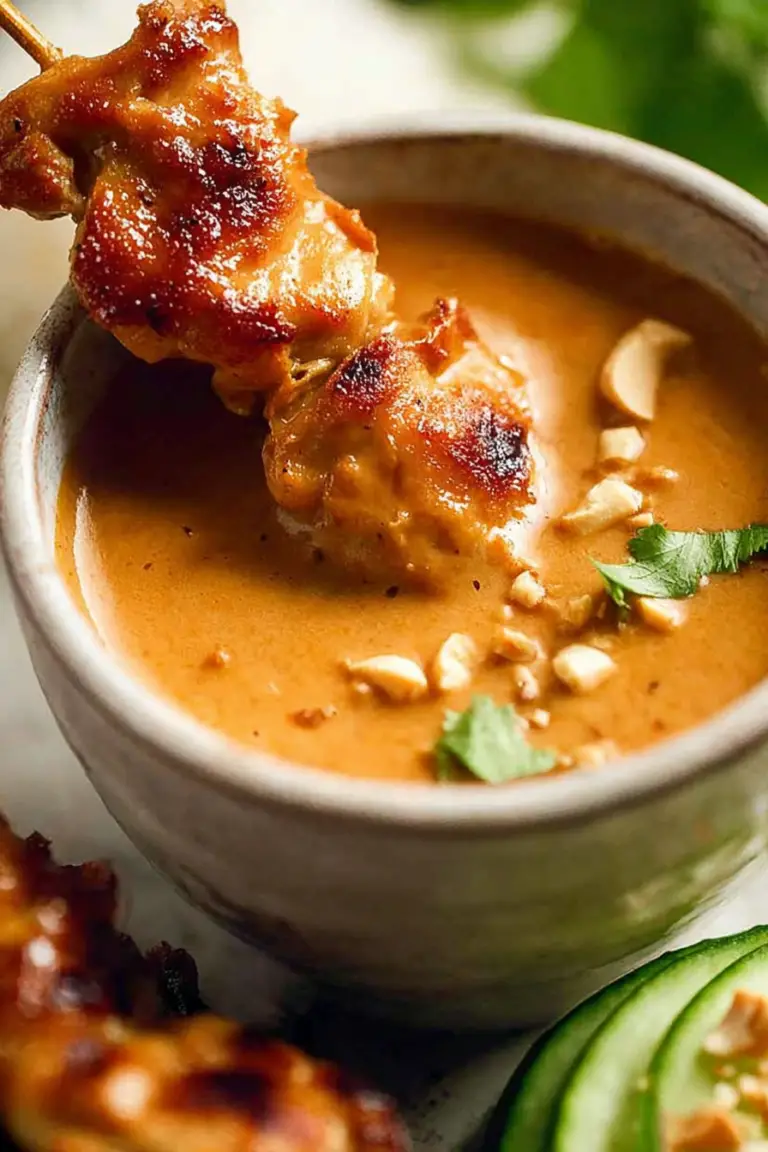 Delicious Thai chicken satay skewers served with peanut sauce and garnished with lime and coriander.