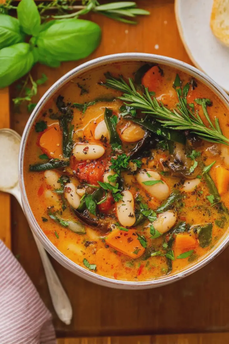 Delicious Tuscan white bean soup served in a bowl with fresh herbs and crusty bread.