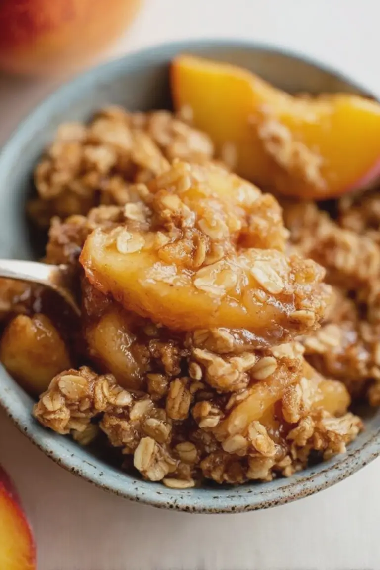 Bowl of warm peach crisp with vanilla ice cream and fresh peaches on the side.