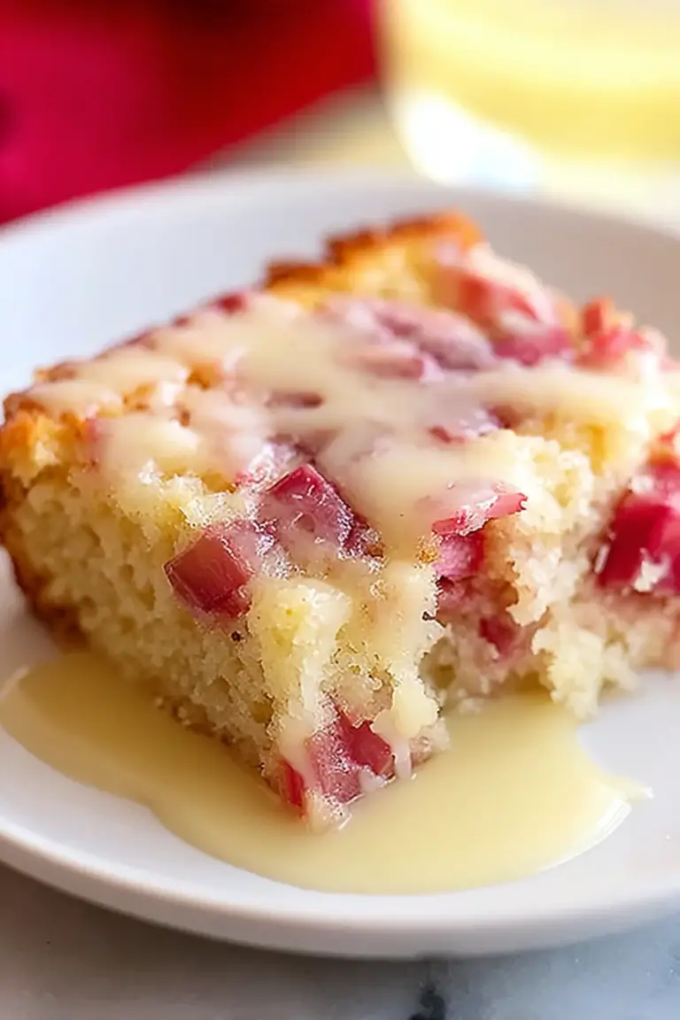 Warm rhubarb cake slice with butter sauce on a rustic wooden table