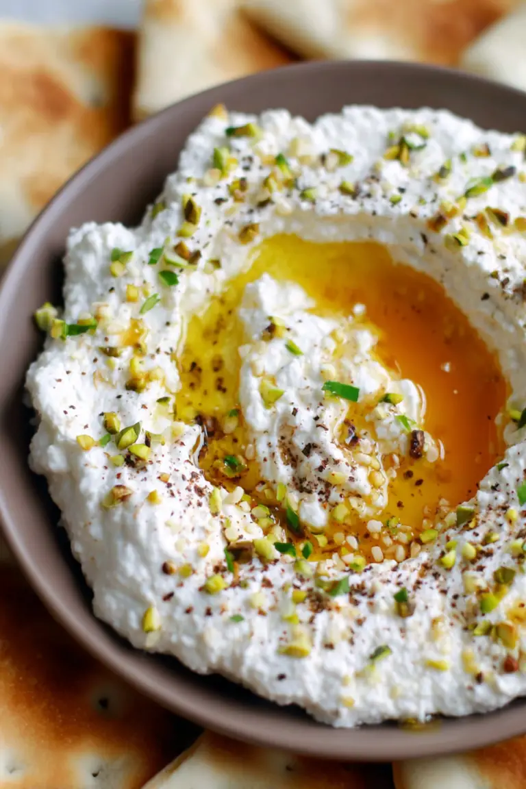 Whipped feta dip with honey and garnished with chives and pistachios, served with pita bread.
