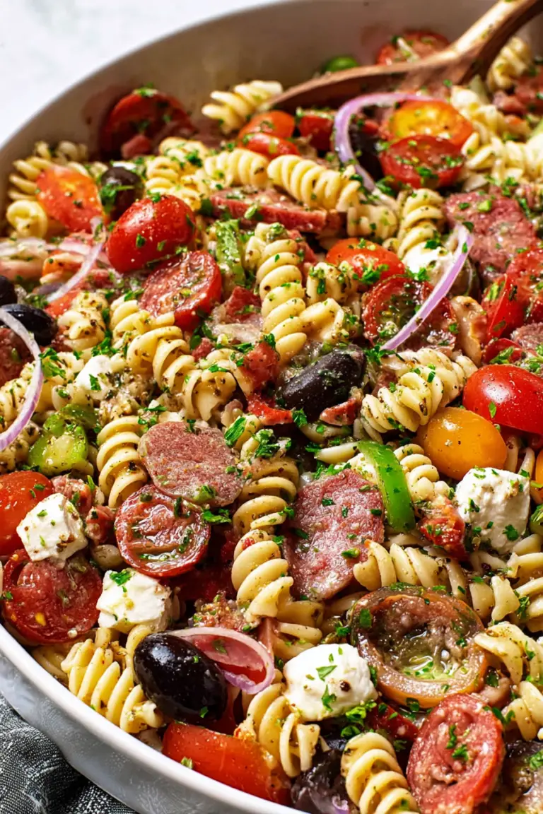 Vibrant zesty Italian pasta salad with cherry tomatoes, bell peppers, and mozzarella pearls in a large serving bowl, garnished with parsley.