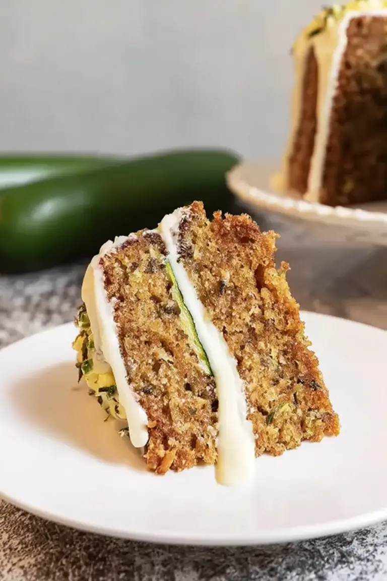 Zucchini cake with cream cheese frosting and chopped pecans on a wooden table.