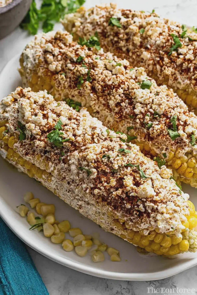 Grilled Mexican corn on the cob with creamy sauce and Cotija cheese, garnished with lime.